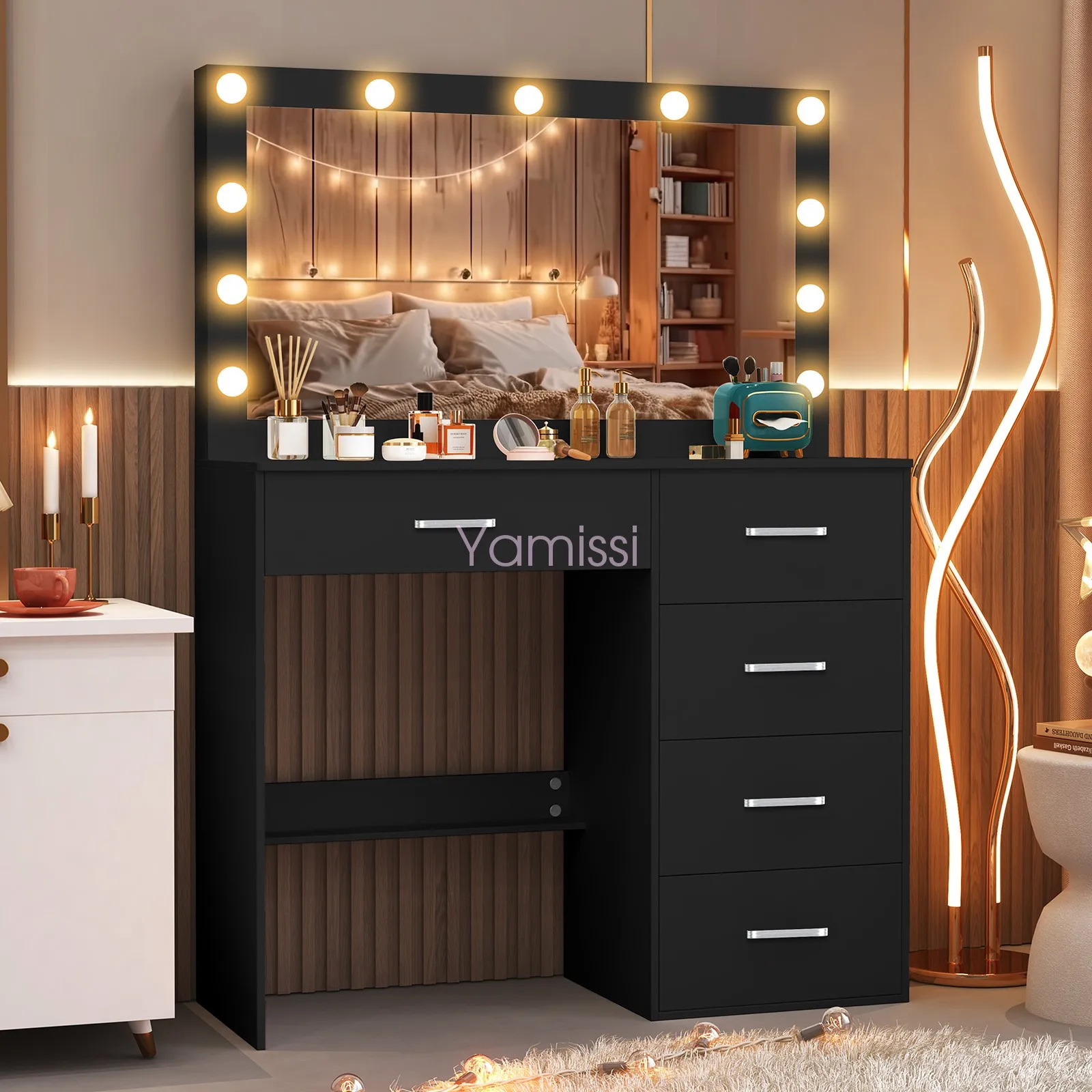 Туалетный столик для макияжа Светодиодный туалетный столик с зеркалом с подсветкой и 5 ящиками для хранения Туалетный столик для макияжа