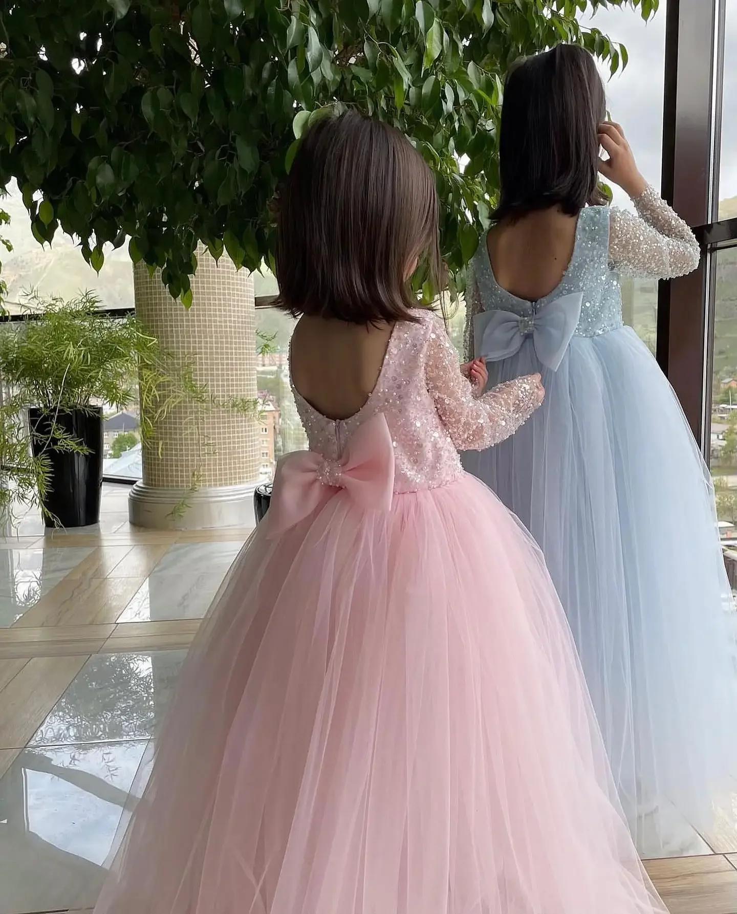 Vestido de niña de flores con lentejuelas rosas 7-16 vestido de tul de manga larga para fiesta de cumpleaños para jóvenes vestido de gala hasta el suelo