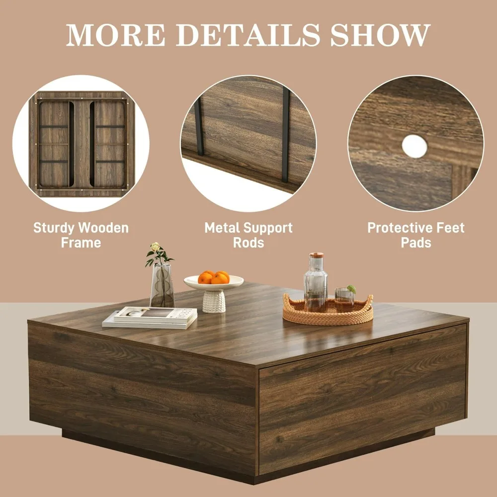 طاولة قهوة مربعة مقاس 43 بوصة مع مساحة تخزين، طاولة مركزية مربعة كبيرة حديثة مع درجين، طاولة قهوة خشبية لغرفة المعيشة، جوز