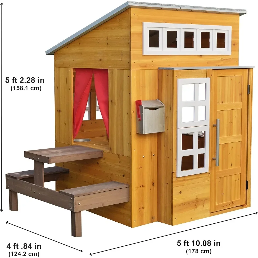 Modern Outdoor Wooden Playhouse with Picnic Table, Mailbox and Outdoor Grill ,Gift for Ages 3+