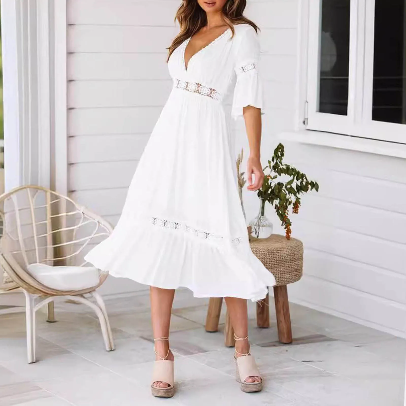 Witte Lange Jurk Vrouwen Zomer Boho Kanten Jurken Vrouwen Strand Vakantie Uitgehold Jurk Dames Elegante Vintage Losse Vestidos