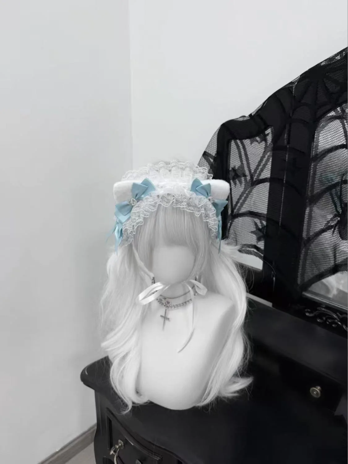 Słodka fajna czarna niebieska koronkowa śliczna Lolita obręcz do włosów opaska z uszami kota KC opaska na głowę pikantna dziewczyna nakrycia głowy z serii Landmine