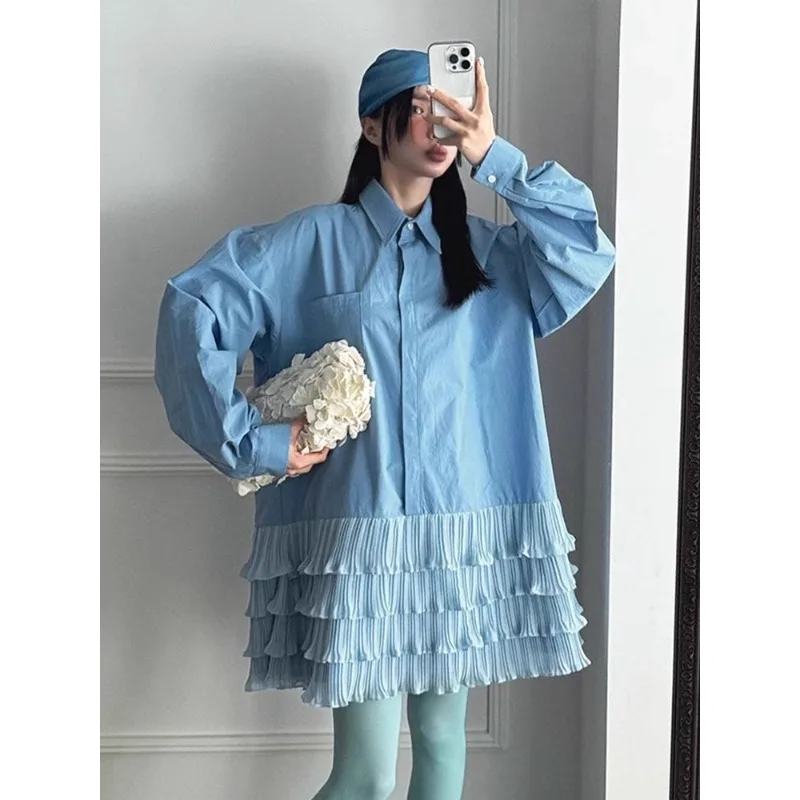 

SuperAen Korean Style Spring Design Turn-down Collar Contrast Color Spliced Tierred Dress Woman Sweet A-line Dress