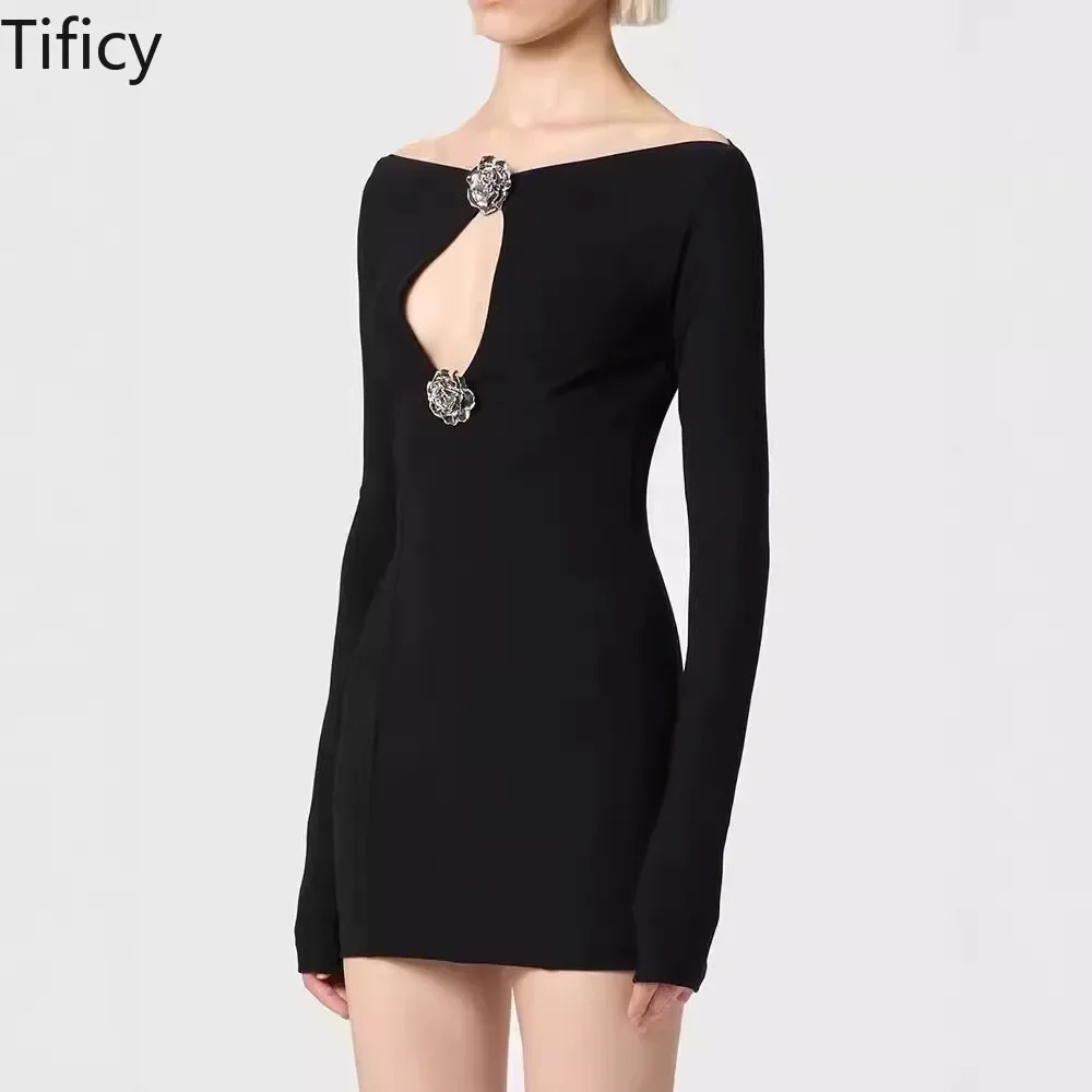 TIFICY Sexy High Street Damen One Shoulder Camellia Hollow Out Slim Black Sparkling Diamond Streetwear Sexy Kleid