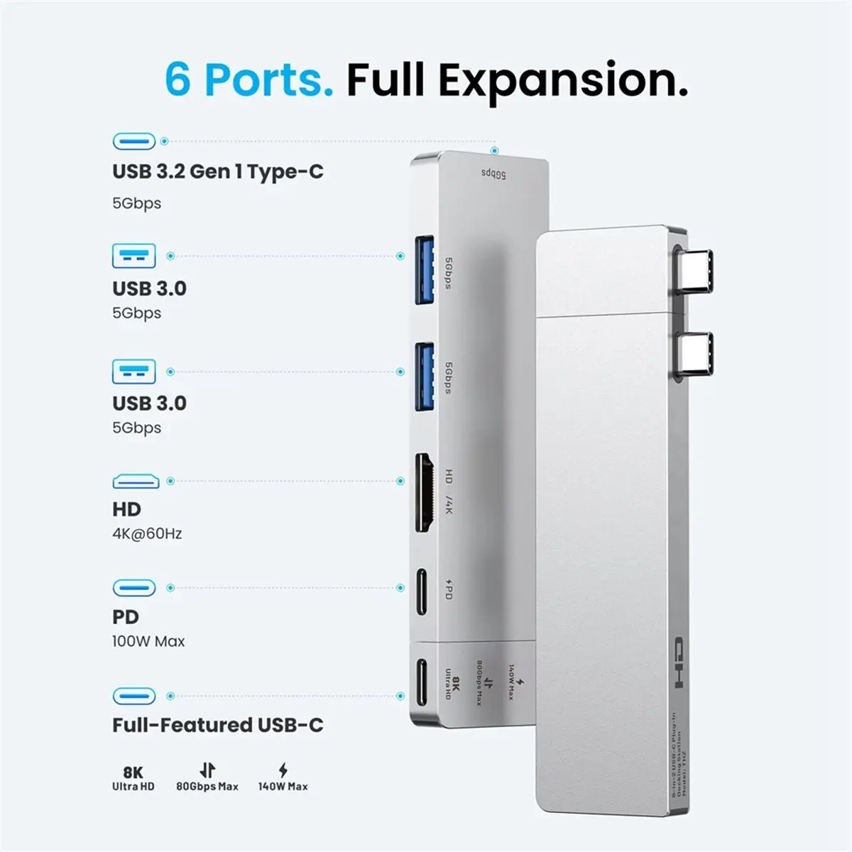 USB C Plug-in Hub 6 in 2 4 80Gbps 8K Dock Station for Pro Air USB 3.0 HUB -Compatible 4K60Hz