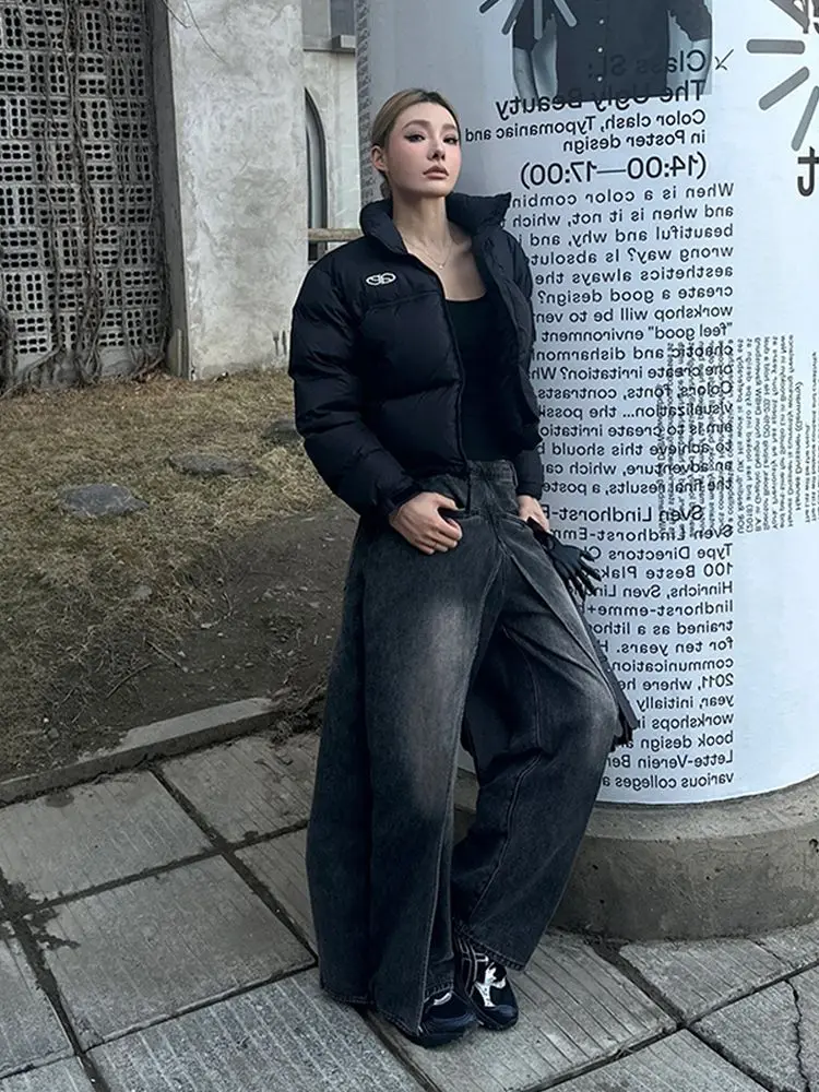 Patchworkowe sztuczne dwuczęściowe spodnie damskie jeansy Boyfriend workowate luźna szeroka jeansy z prostymi nogawkami @ harajuku y2k goth punk