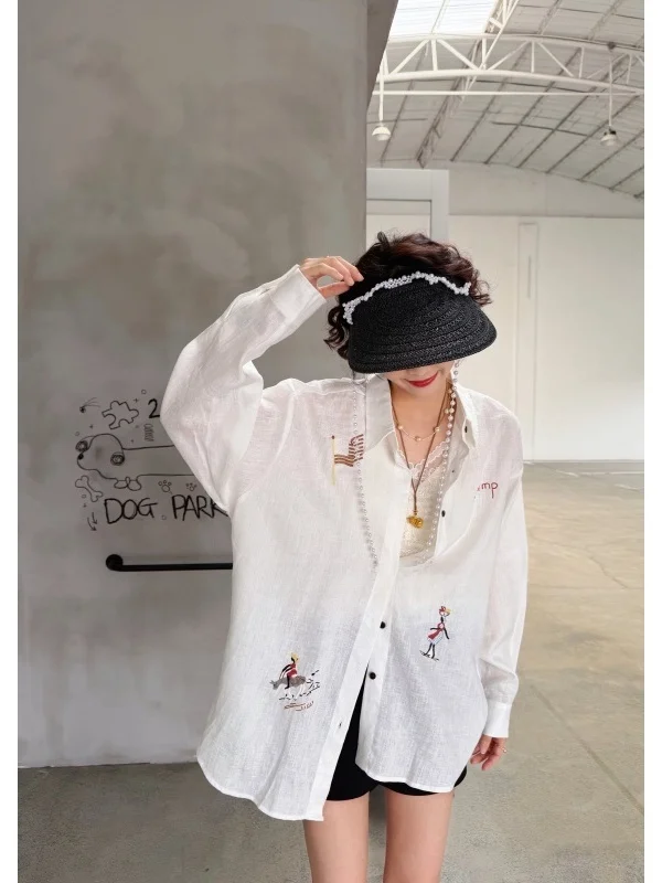 

Женская рубашка с вышивкой Lazy Stitched, свободного кроя, с длинным рукавом, воротником, средней длины, в повседневном стиле, больших размеров, модная, A161