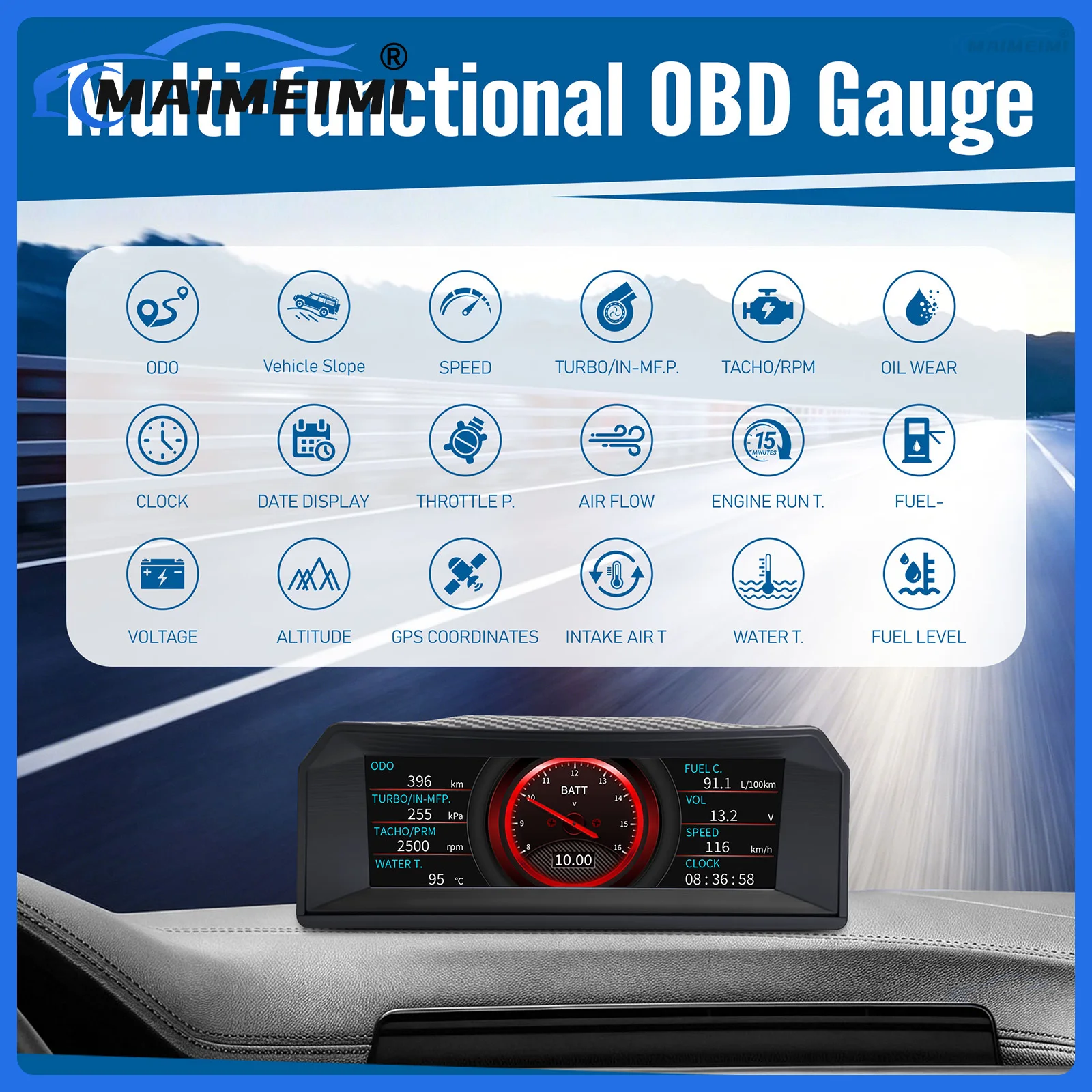 X300 OBD+GPS HUD Car Head Up Display Speed Voltage RPM Slope Turbo Air Flow Tacho ODO  Water Temperature Clock Fuel Level Gauge