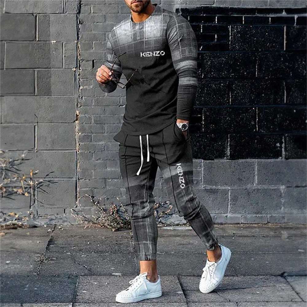 Fashion Gradient 3D Print Men\'s Sportswear Set Casual Long-Sleeved T Shirt Pants 2-Piece Set Oversized Pullover Men Clothing