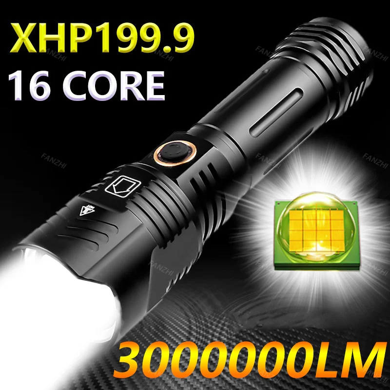

Мощный фонарик 3000000LM XHP199.9 LED с 16 ядрами, водонепроницаемый IPX5, с зумом, 5 режимов, USB-перезаряжаемый, на аккумуляторах 18650/26650