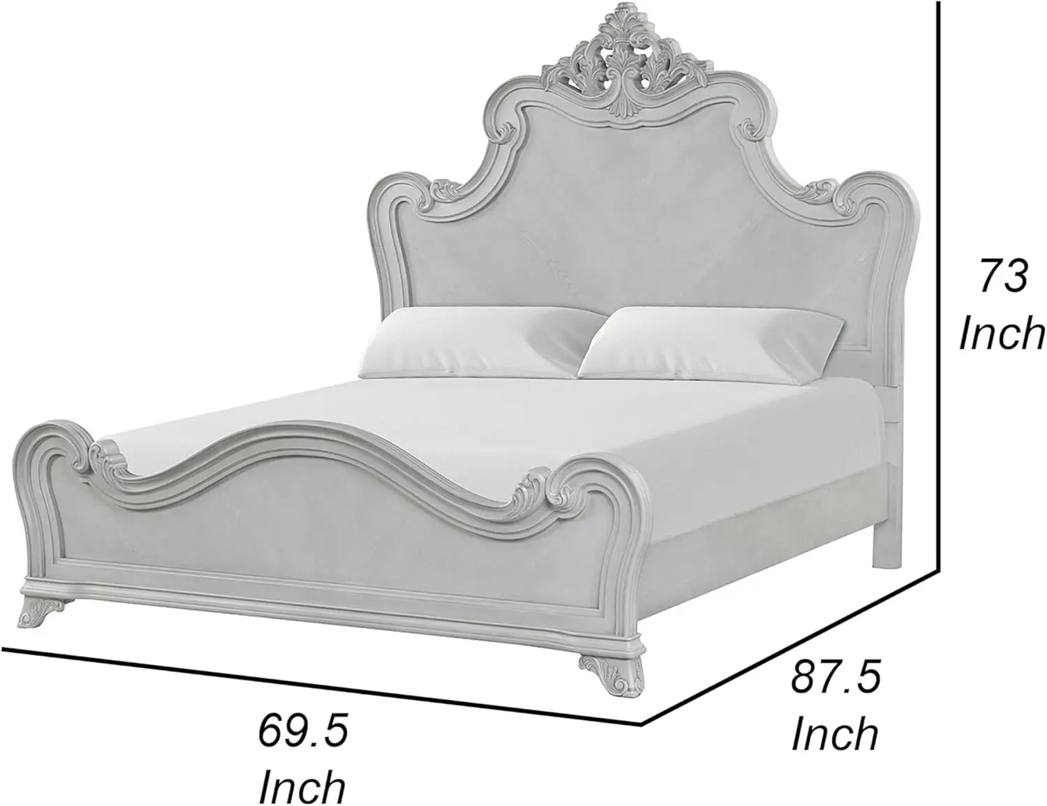 Benjara Hailey Queen Size Bed, Traditional Carved Ornate Details, Mist Gray Wood