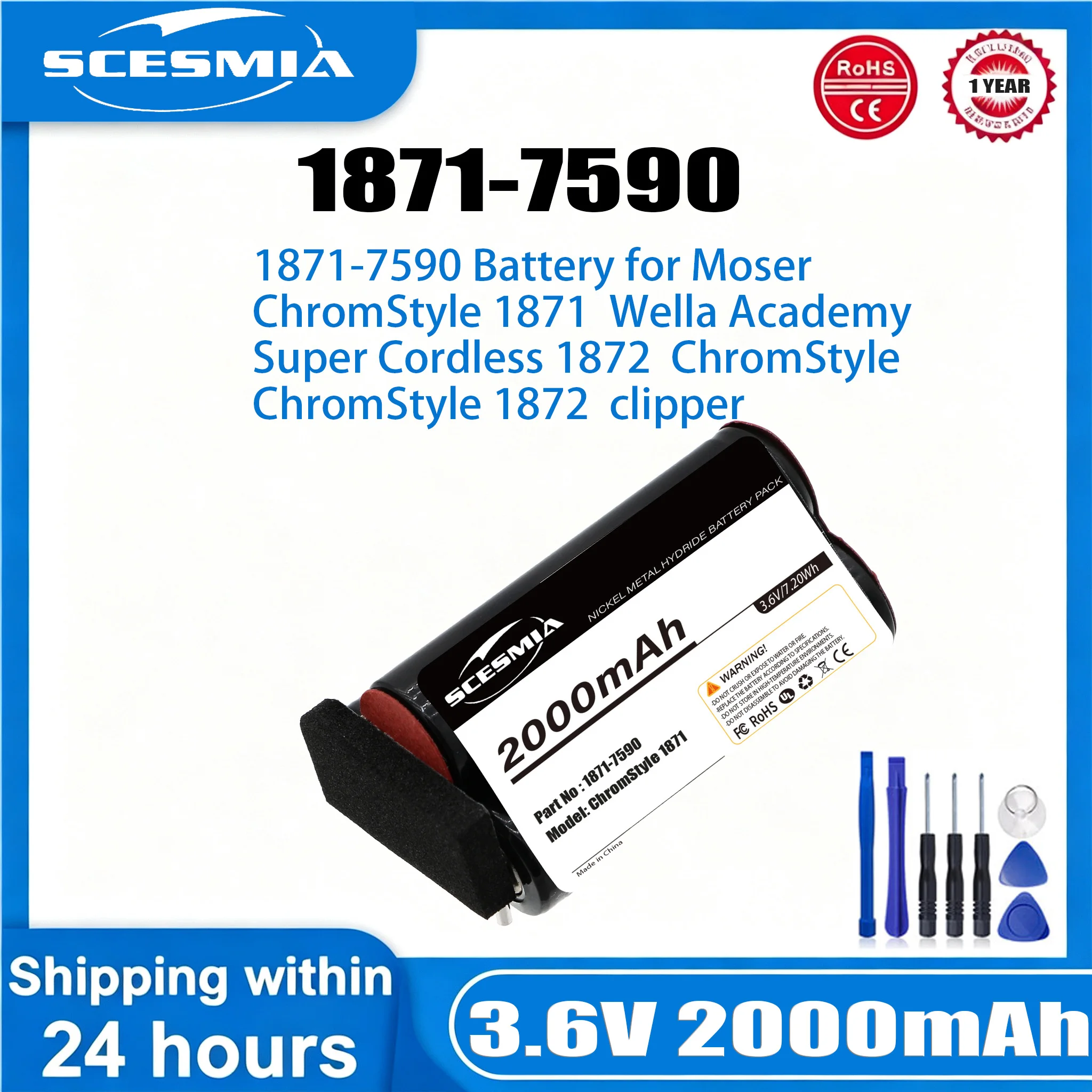 

3.6V/2000mAh Electric Clipper Battery 1871-7590 for Moser ChromStyle 1871,Super Cordless 1872 Clipper, Wella Academy ChromStyle