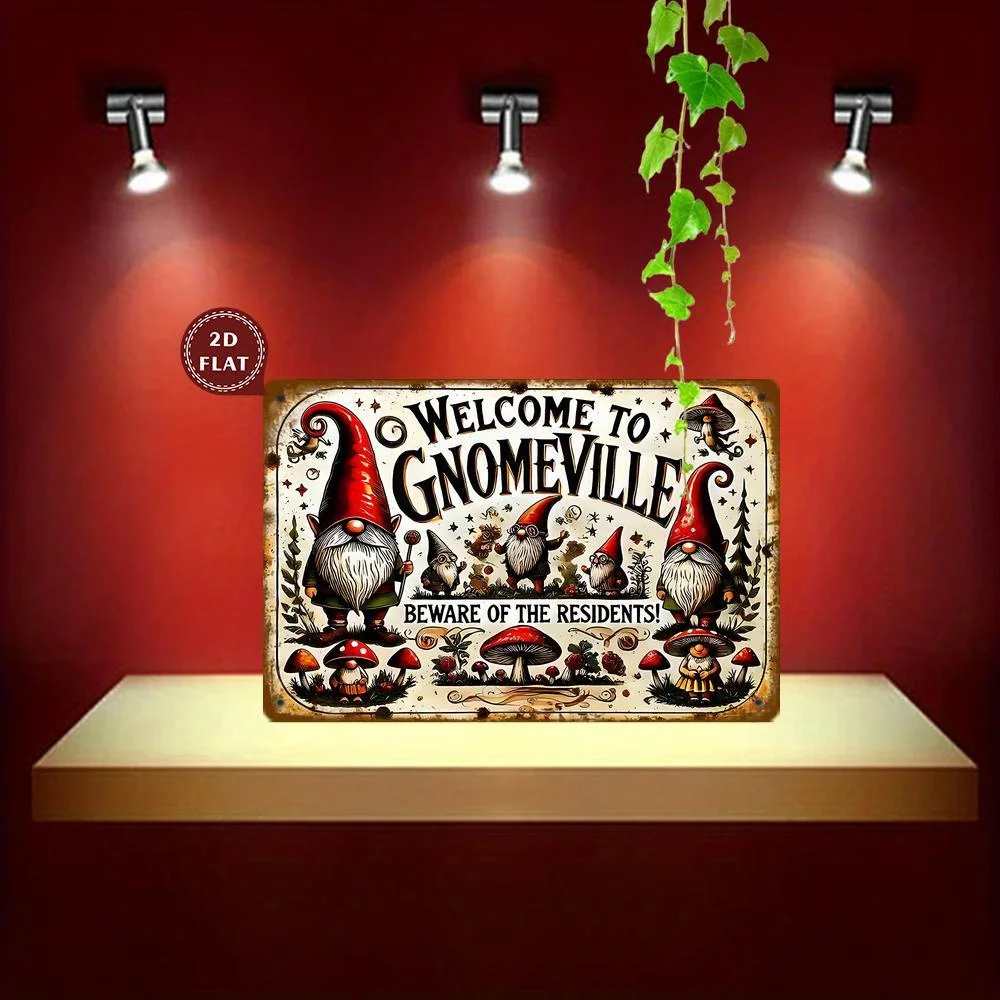 Vintage Gnomeville Welcome Sign - Rustic Metal Wall Decor with Whimsical Gnome,Mushroom Design, Waterproof,Dustproof, Perfect f