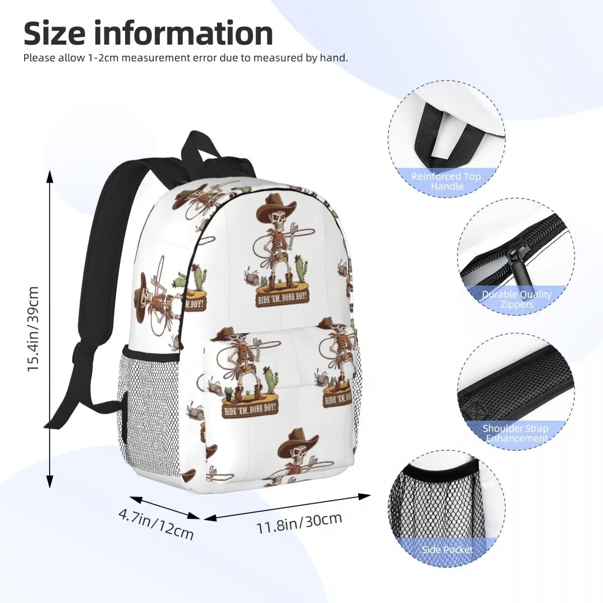 Western Cowboy Skeleton Halloween Cowpoke Backpack Student Boys Girls BookBag Men Women School Bag Laptop Shoulder Bags