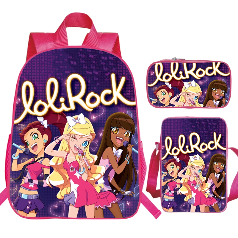 Cartoon LoliRock Print Backpack, Shoulder Bag, Lápis Case, Girls Cute Pink Schoolbag, grande capacidade, Children Boolbag, 3Pcs Set