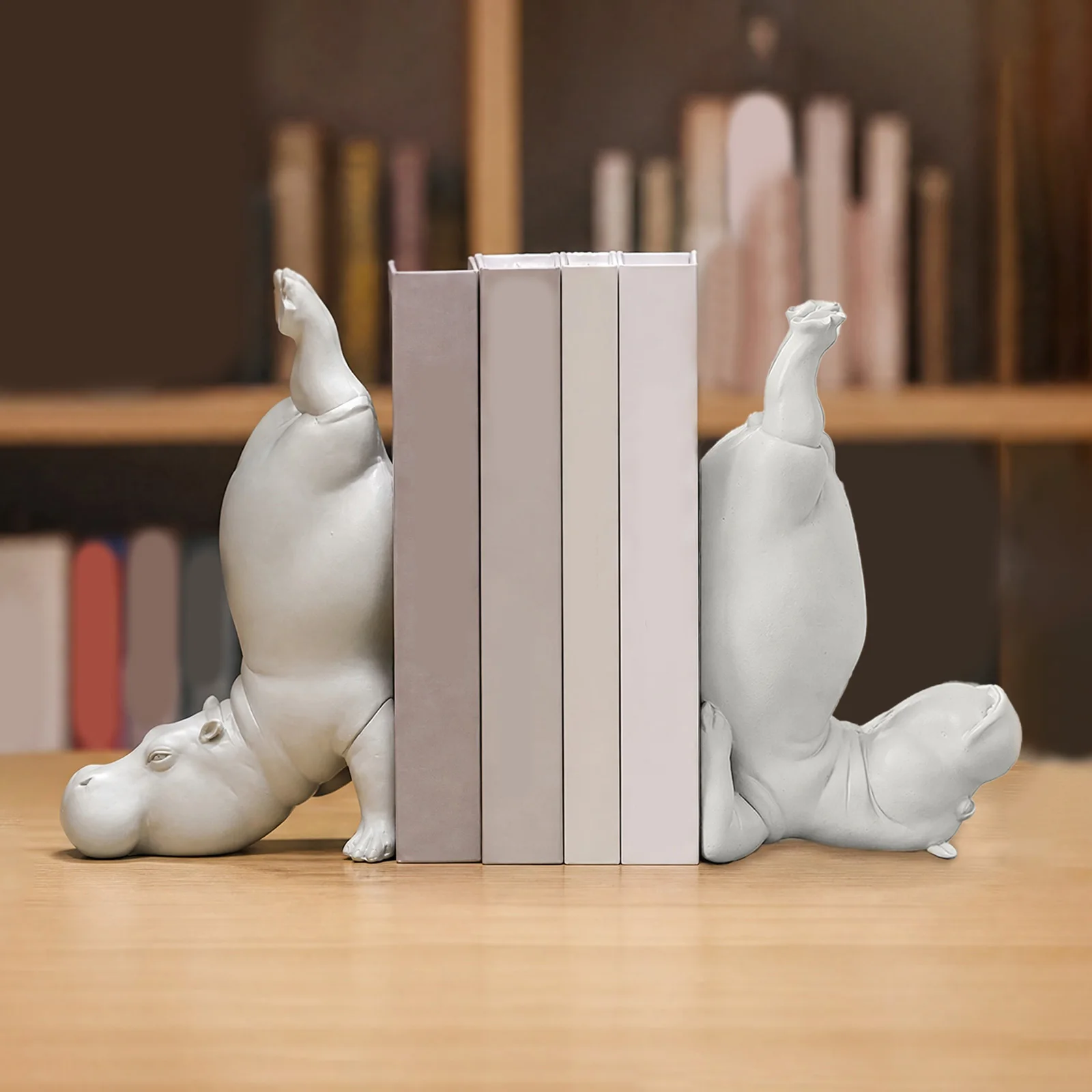 Resin Hippo Bookend 8.27-Inch Tall Support & Stable Build Creative Hippo Ornament for Living Room Bookshelf Storage
