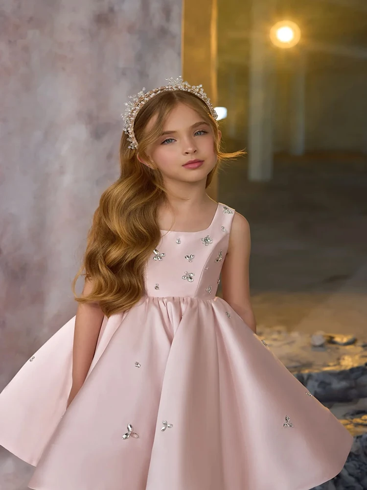 Flesh pink Satin Flower Girl Dress Elegant Crystal Cute Children short Dress Customizable Color Birthday Party Prom Evening gown