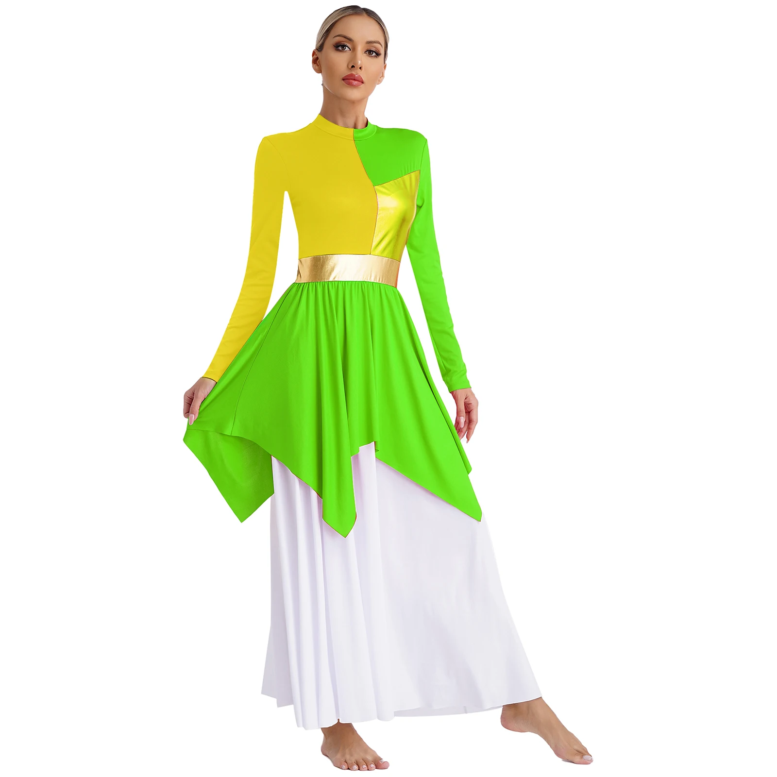 Damen Anbetung Liturgisches Kostüm Metallic Patchwork Langarm Maxikleid Chor Performance Dancewear Lyrische Tanzkleider