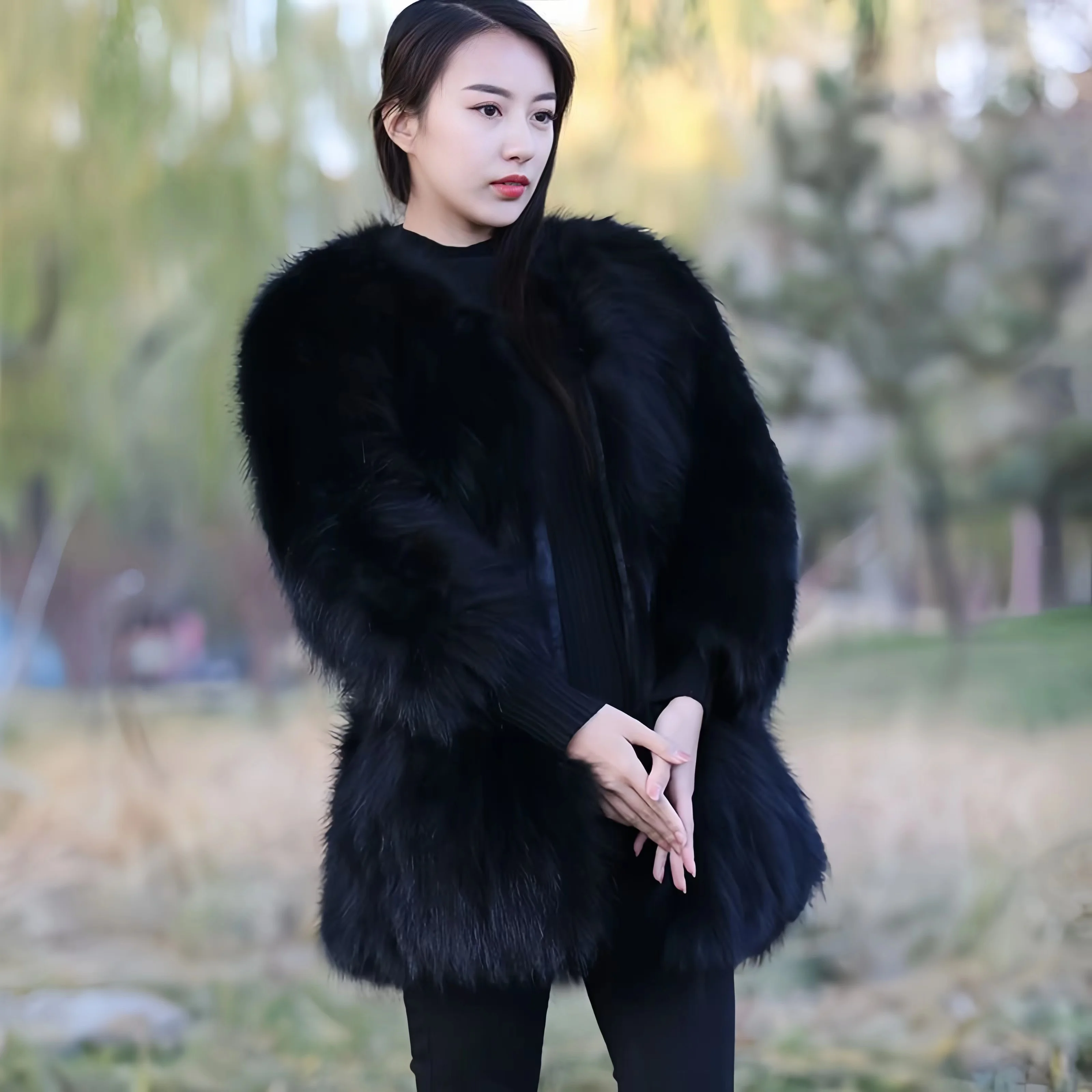 Real Fox Fur Coat for Women, O-Neck, Open Stitch, Thick Warm Overcoat, Long Jacket, Female Clothing, High Quality, New, Winter