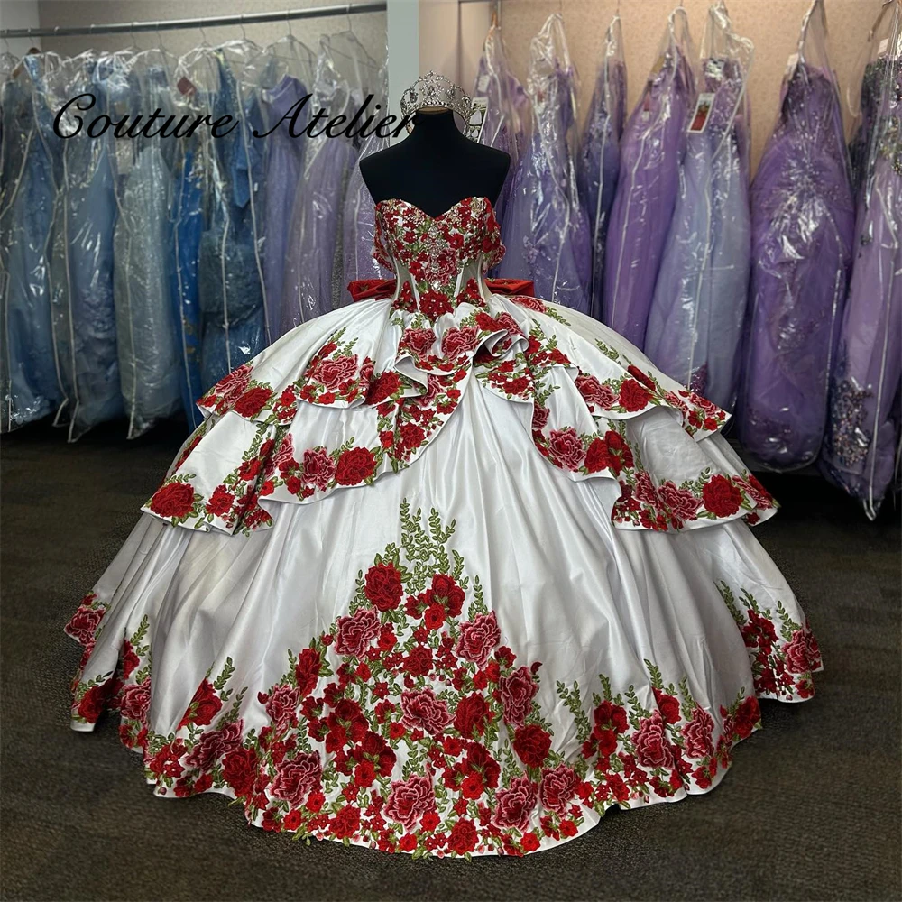 Amazing White Satin Red Roses Embroidery Quinceanera Dresses For Girl With Bow Ball Gown Dress For Sweet 15 16 Sweetheart gala