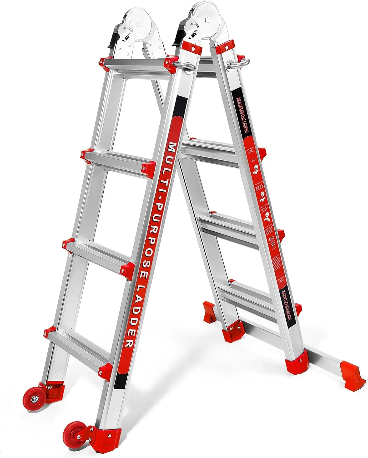 Ladder A Frame 4 Step Telescoping Ladder with Stabilizer Bar & Wheels, Heavy Duty Capacity,Collapsible Multi Position Ladder