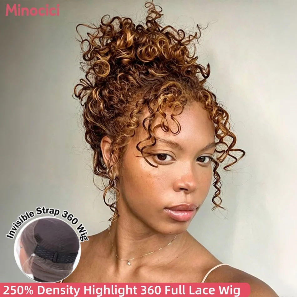 Ombre Highlight Deep Wave 360 Full Lace Wig Curly Human Hair Wigs 30 32 Inch 250% Density Pre Plucked HD Lace Wig P427 360  Lace Front Wig Invisible Drawstring