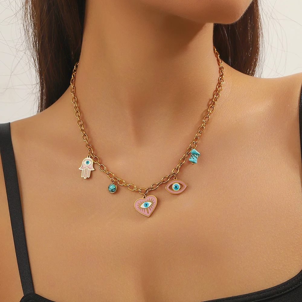 LAMENGLY 316L Stainless Steel Exaggerated Eyes Pink Heart Eyeball Palm Pendant Necklace Women Classy Non-Fading Clavicle Chain