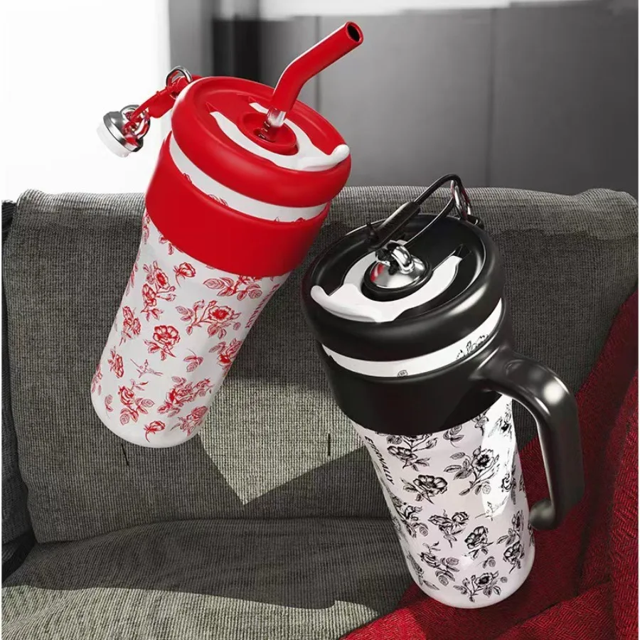

Giant Stainless Steel Minimalist Patterned Handle Insulated Cup Outdoor Large Capacity Portable Straw Cup Ice King Cup