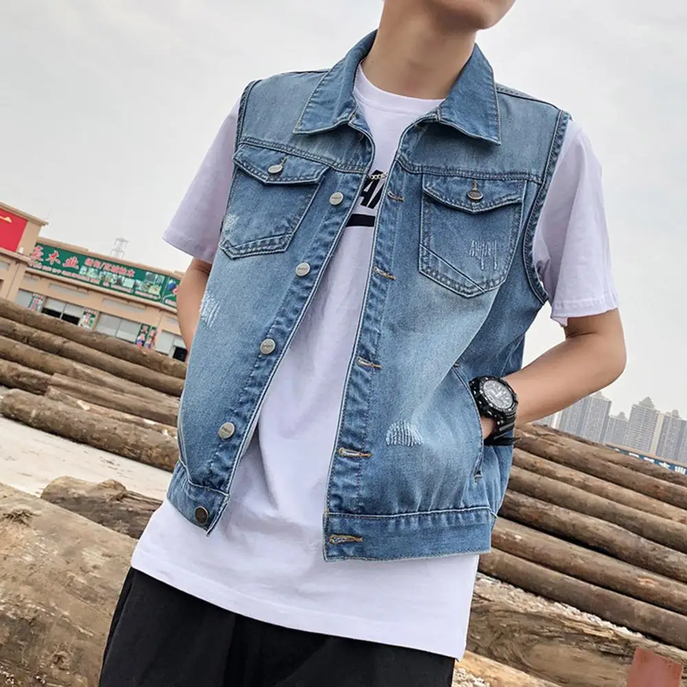 Ripped Holes Denim Waistcoat Stylish Men's Lapel Sleeveless Denim Jacket Ripped Holes Pockets Single Breasted Design for A