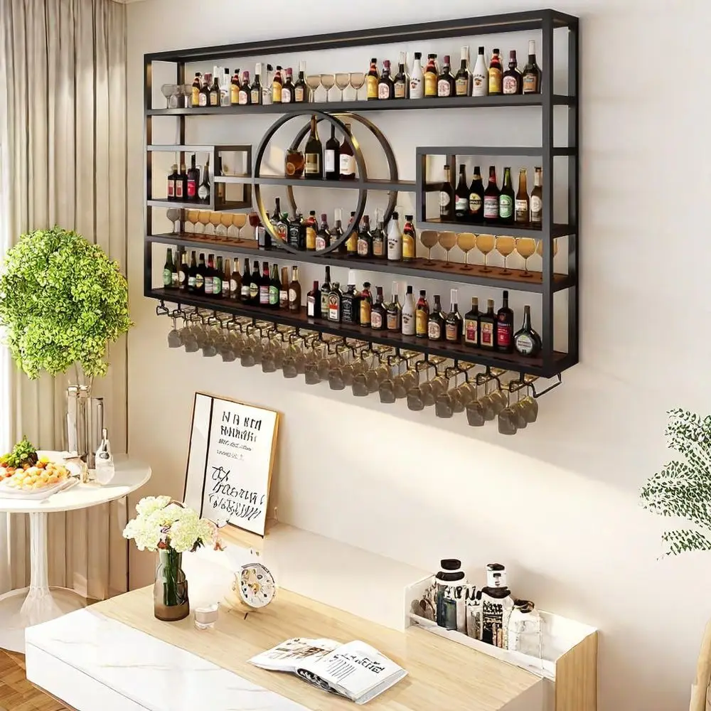 Contemporary Metal and Wood Wine Rack with Glass Holders for Home Bar and Kitchen, Black