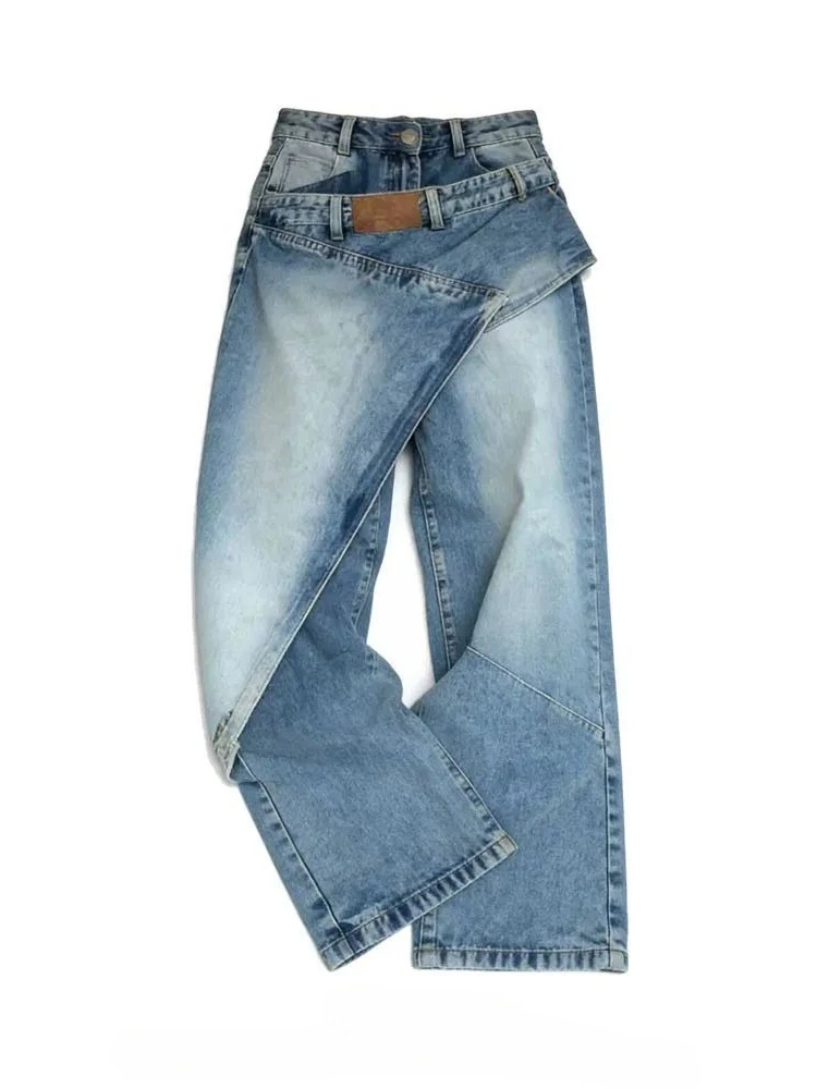 Women's Fake Two-piece Spliced Jeans Vintage Pants Cool Girl Wide Legs Sweatpants Female High Waisted Personality Trousers