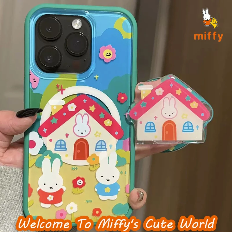 Kawaii Miffy Phone Shell Suitable for Iphone 16 15 14 13 Creative Little House Magnetic Stand Anti Drop Phone Case Anime Gifts