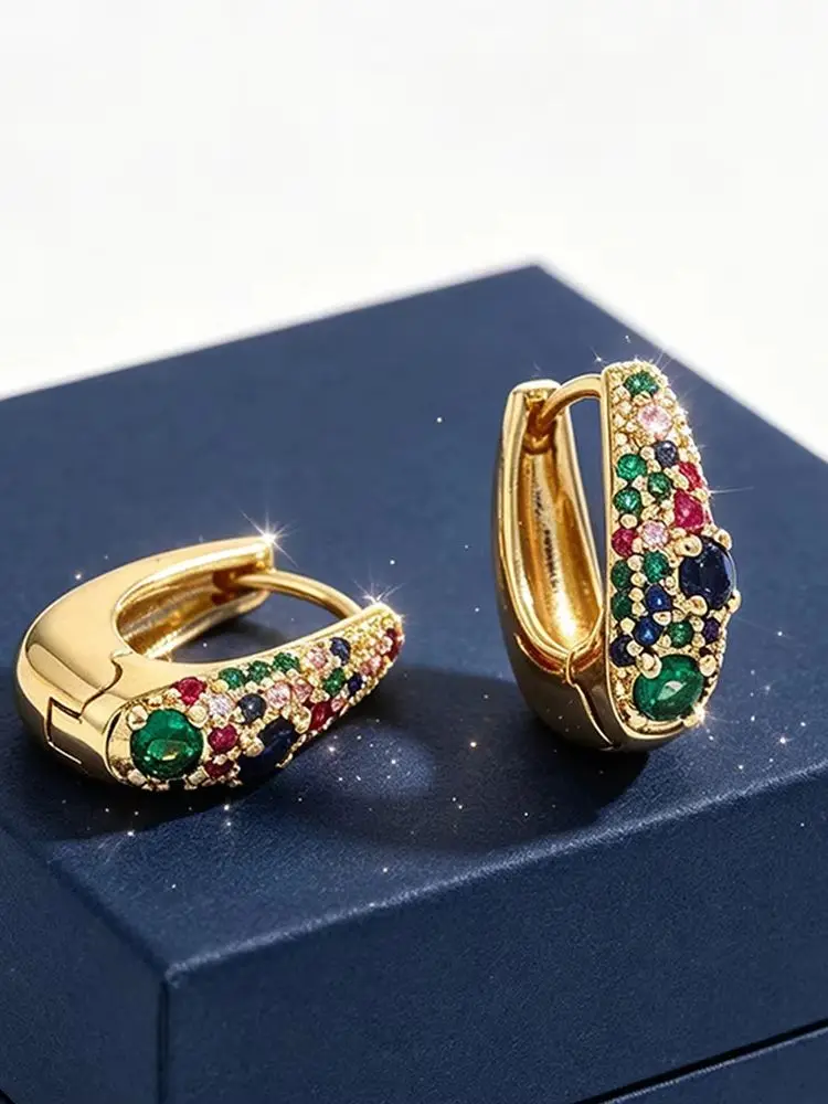 A Pair of Fashionable Colorful Minimalist Women's Earrings, Copper Inlaid with Zircon, Women's Jewelry
