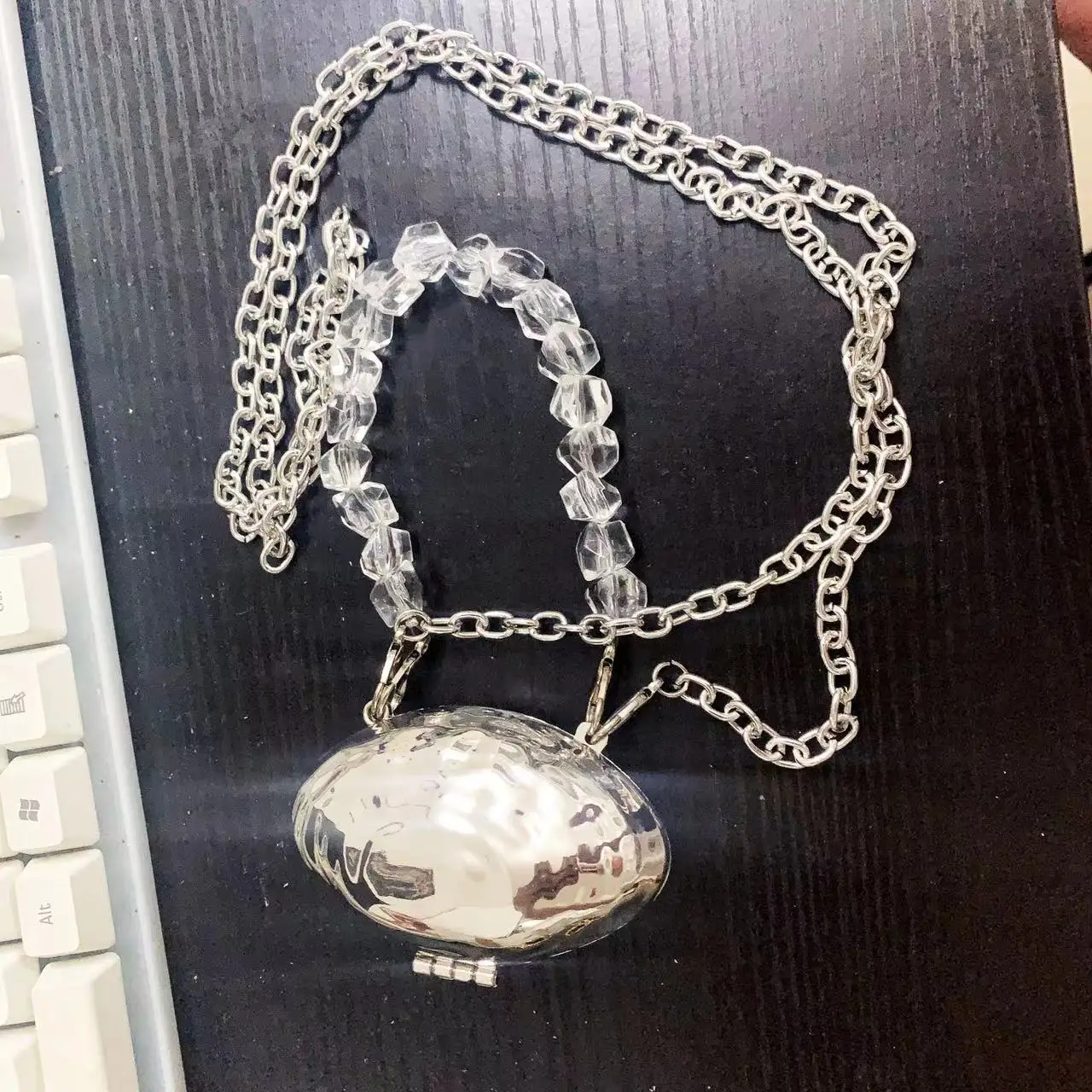 

Metal Silver Shell Bag Fashion Design Portable Messenger Bag Crystal Chain Party Dinner Bag