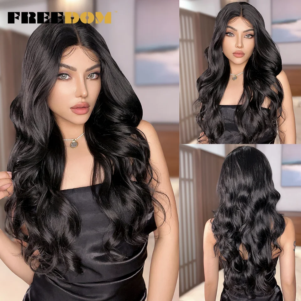 FREEDOM Synthetic Lace Front Wigs For Women 30 inch Long Body Wave T Part Lace Wigs Ombre Blonde Brown Wig Cosplay Wigs