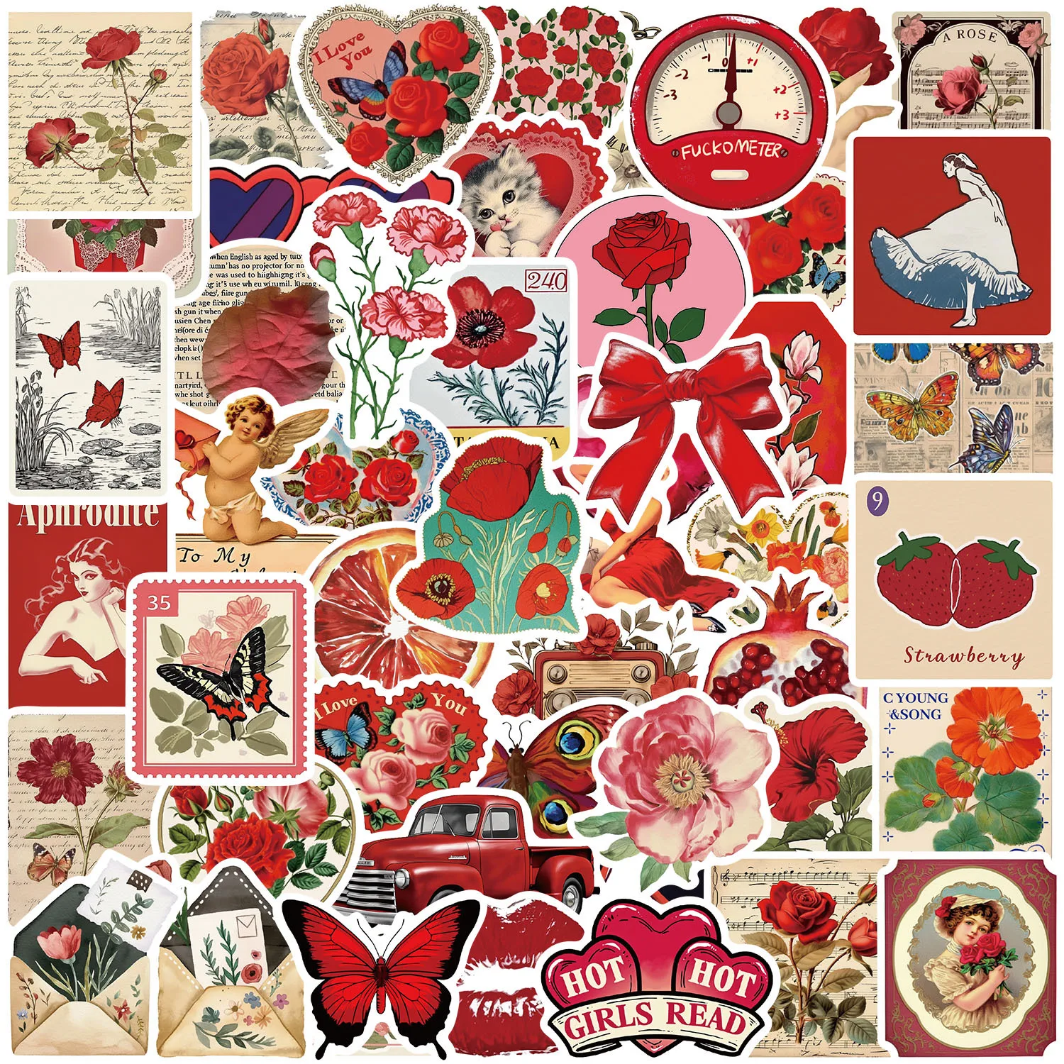 

50 шт. красных эстетичных граффити-наклеек для украшения блокнотов, скейтбордов и водонепроницаемых наклеек из ПВХ.