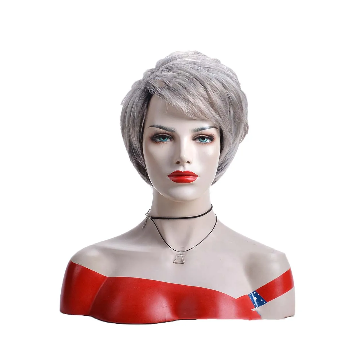 Women's Fashion Short Synthetic Wigs with Bangs Pixie Cut Fluffy Sliver Grey Ombre Hair Party Wigs Natural Wig