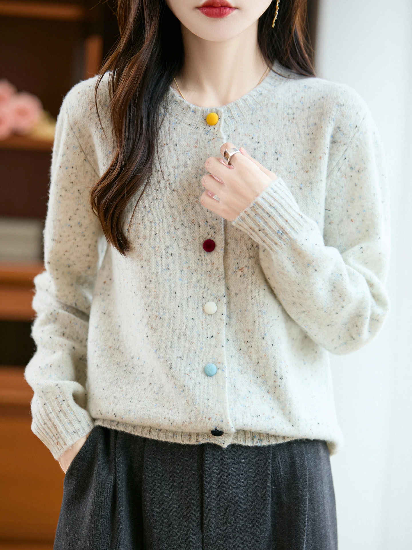 

Thic Women's Sweater Warm Soft Dots Cardigan O-Neck 100% Merino Wool Autumn Winter Casual Loose Colored Buttons Clothing Tops