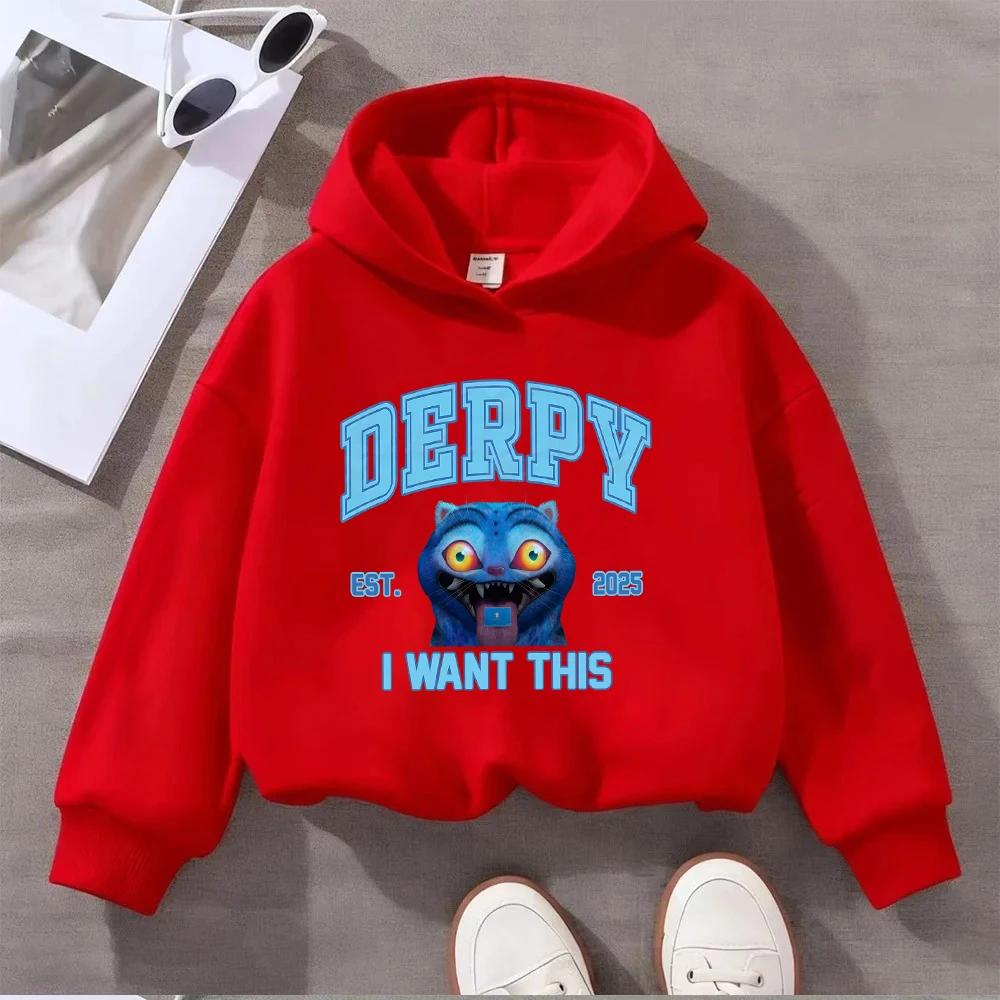 سويت شيرت للأطفال Derpy Cat EST 2025 بغطاء للرأس برسومات ممتعة للأولاد والبنات بلوفر كاجوال بأكمام طويلة