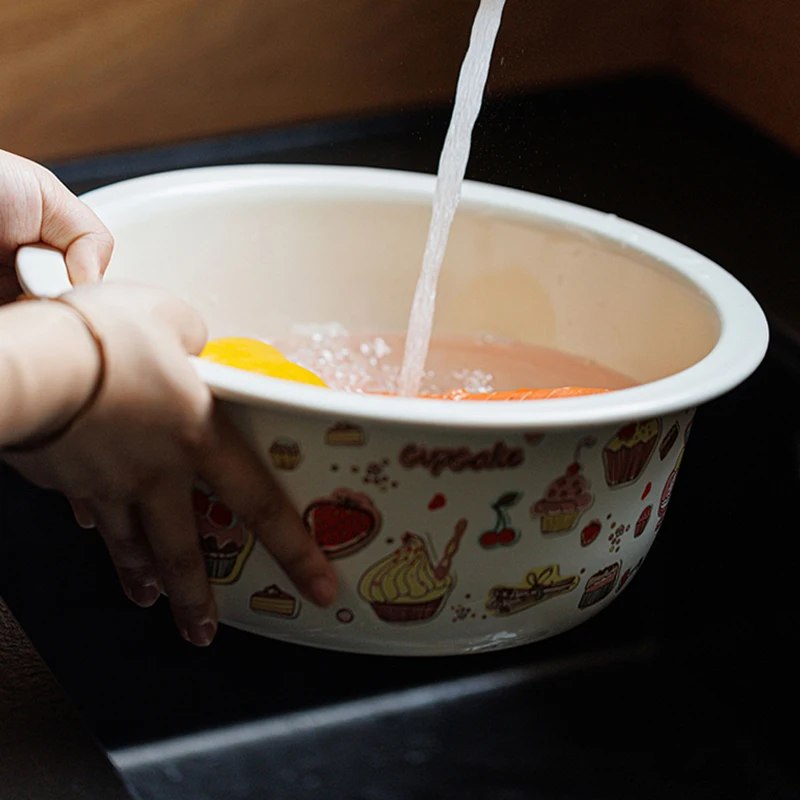 Enamel Basin Large Capacity Thickened Enamel Kitchen Vegetable Basin Cute Dessert Printing Household Soup Basin Container