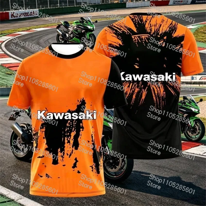 Kawasaki Themed Fashion Printed Short-sleeve T-shirt Trendy Sporty Casual Top for Motorcycle Enthusiasts