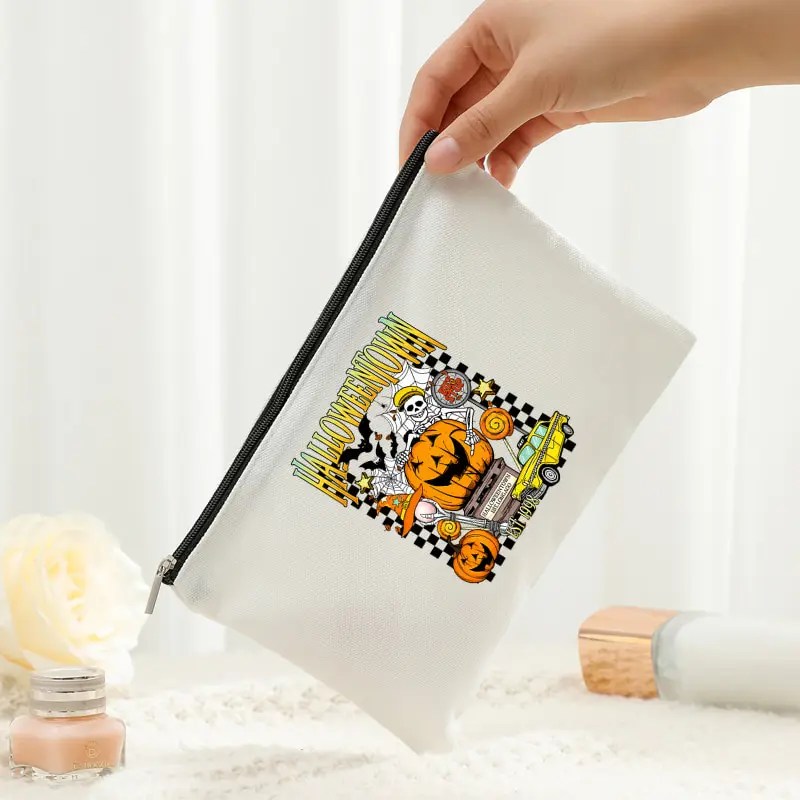 Halloween Town Retro Cosmetic Pouch Vintage Skeleton Pumpkin Taxi Print Canvas Zipper Bag Portable Makeup Storage Purse