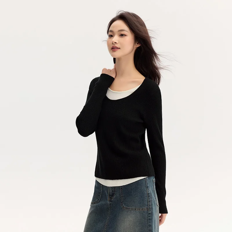 Semir Sweater Women Color-Block Faux Two-Piece Sweater Slim Fit Versatile 2024 New Autumn Round Neck Pullover Slimming Effect