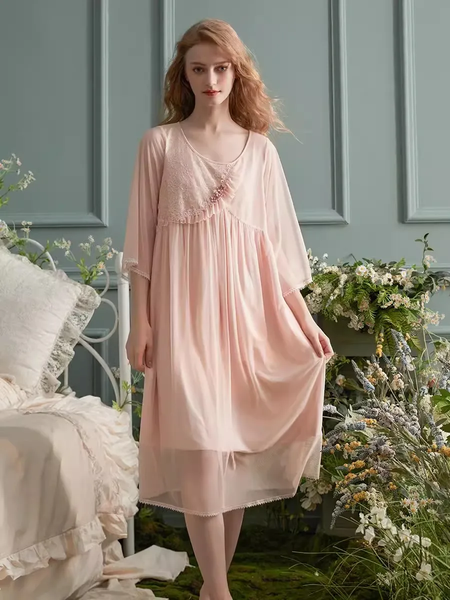 

Suumer Modal Gauze Vintage Royal Princess Nightgowns For Lady Deliacate Embroidery Solid Color Sleepwear Loose Sweet Dress