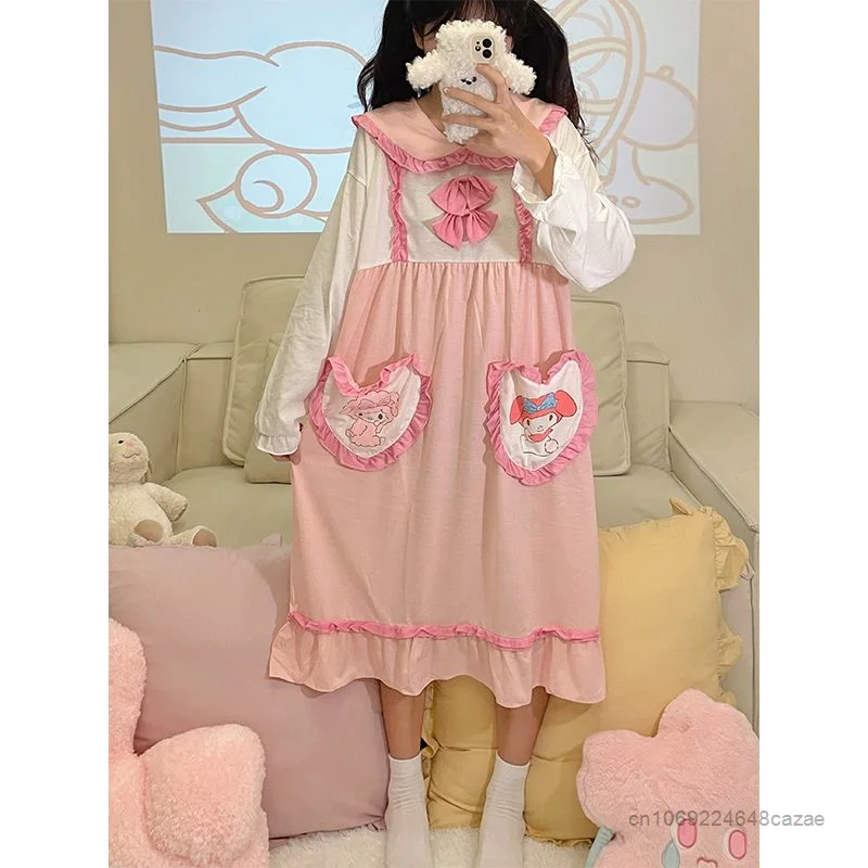 Sanrio Melody Cute Clothes Women Cotton Nightdress Princess Style Long Sleeve Home Dress Y2k Girl Spring Pink Sleepwear Kawaii