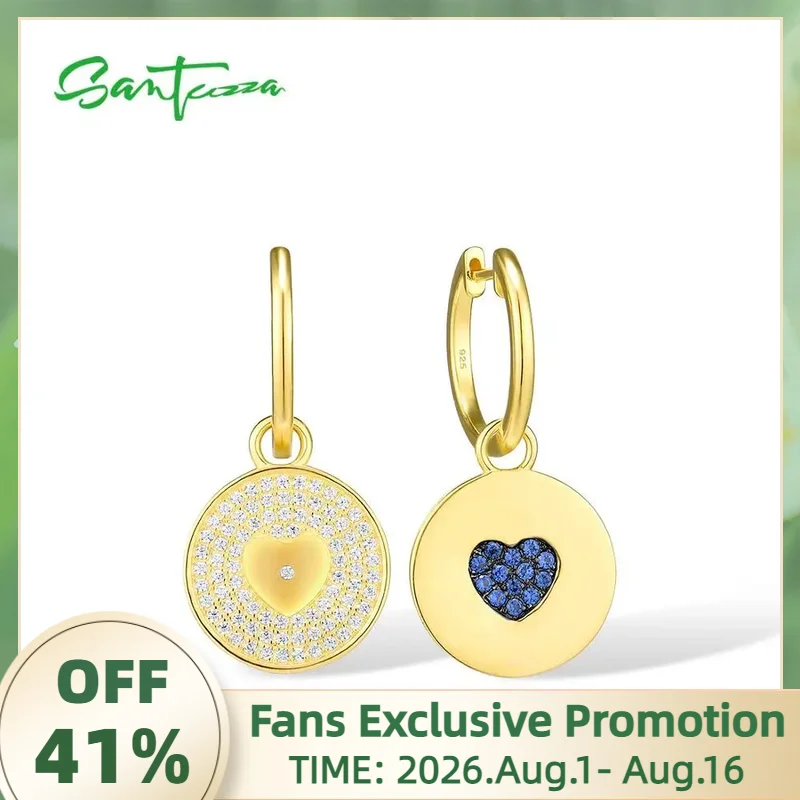 SANTUZZA Silver Earrings For Women Pure 925 Sterling Silver Gold Color Heart Concise Round Drop Earrings Trendy Fine Jewelry
