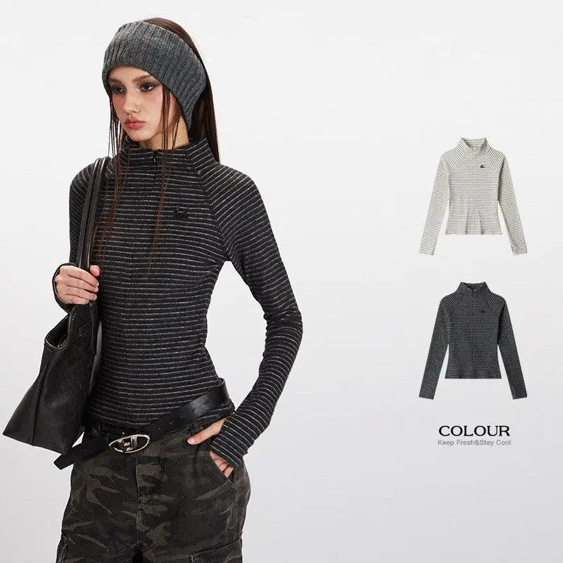 헤이헨리 슬림핏 롱 슬리브 티셔츠 여성용 스포츠 스트라이프 탑 가을 겨울 캐주얼 슬리 폴리에스터 혼방 오버사이즈 길이