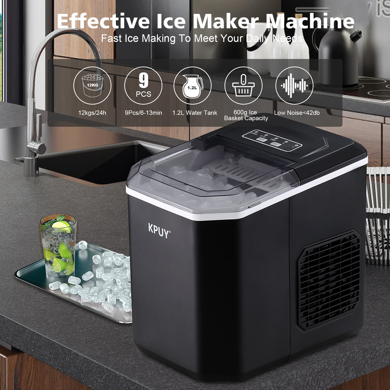 

ROOMARK Countertop Ice Maker Self-cleaning 9 Cubes Ready in 6 Mins 26lbs in 24hrs LED Display Ice Cube Maker w/ Ice Scoop Basket