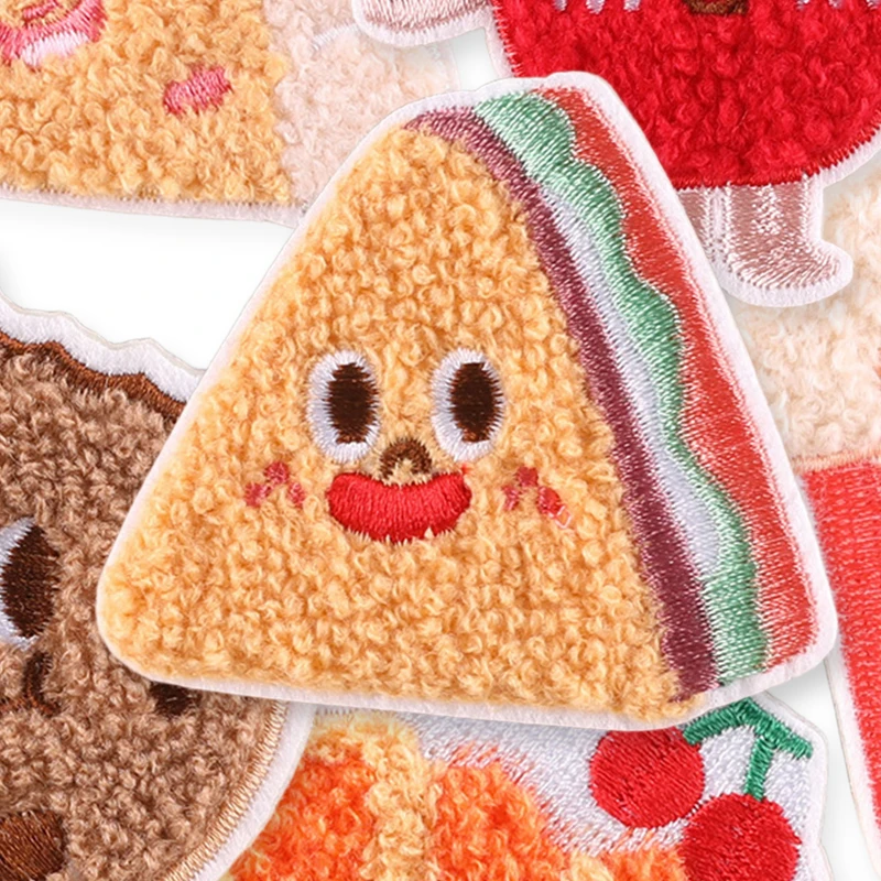 6 Stücke Chenille Lebensmittel Nette Selbstklebende Eisen Auf Patches Für Kleidung Kinder Gestickte Aufkleber Pack Stoffe Jacken Nähen Diy Lot – Detail 3