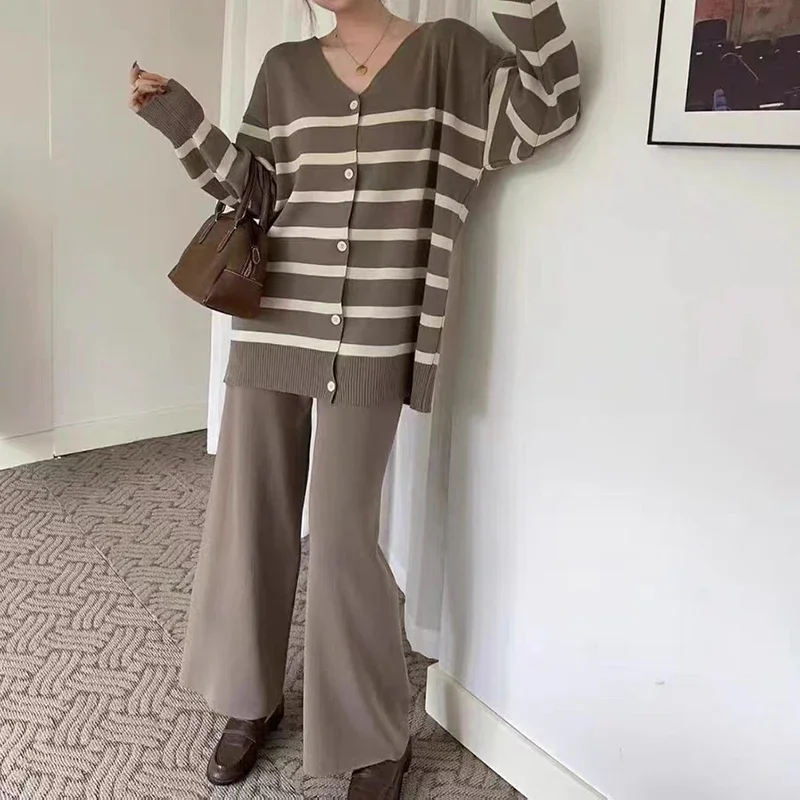 EVNISI Women 2 Piece Striped Long Sleeve Buttons Up Cardigan Top and Pants Set Casual Loose Women Outfit Fall Winter Office Set